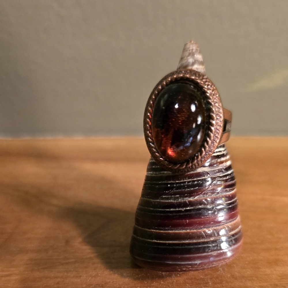 Vintage Copper Silver Brown Glass Ring